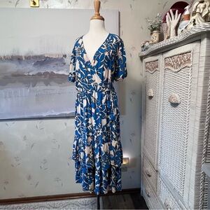 KNOX ROSE Wrap Dress Size L Floral Blue Midi Tiered Ruffles V-Neck Tasseled Ties
